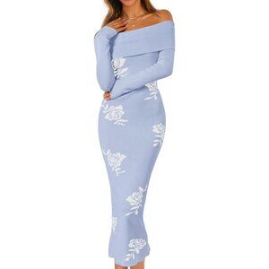 Women Off Shoulder Bodycon Sweater Dress Long Sleeve Party Midi Dress Blue White